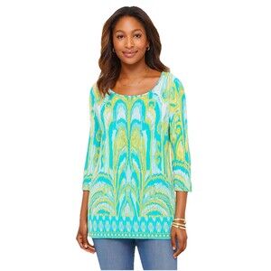 Chicos Tunic Top Size 1/Medium Blue Yellow Green Abstract